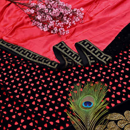 Rare Vintage Black Peach Velvet & Satin Silk Saree Embroidered Fabric 6 Yard Sari Bollywood Party Wear Saree