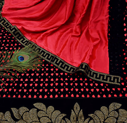 Rare Vintage Black Peach Velvet & Satin Silk Saree Embroidered Fabric 6 Yard Sari Bollywood Party Wear Saree