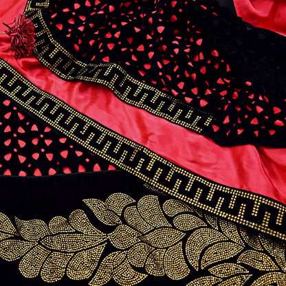 Rare Vintage Black Peach Velvet & Satin Silk Saree Embroidered Fabric 6 Yard Sari Bollywood Party Wear Saree