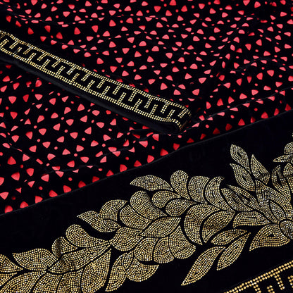 Rare Vintage Black Peach Velvet & Satin Silk Saree Embroidered Fabric 6 Yard Sari Bollywood Party Wear Saree
