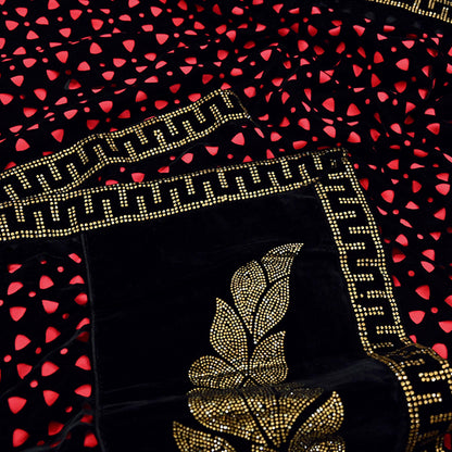 Rare Vintage Black Peach Velvet & Satin Silk Saree Embroidered Fabric 6 Yard Sari Bollywood Party Wear Saree