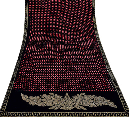 Rare Vintage Black Peach Velvet & Satin Silk Saree Embroidered Fabric 6 Yard Sari Bollywood Party Wear Saree