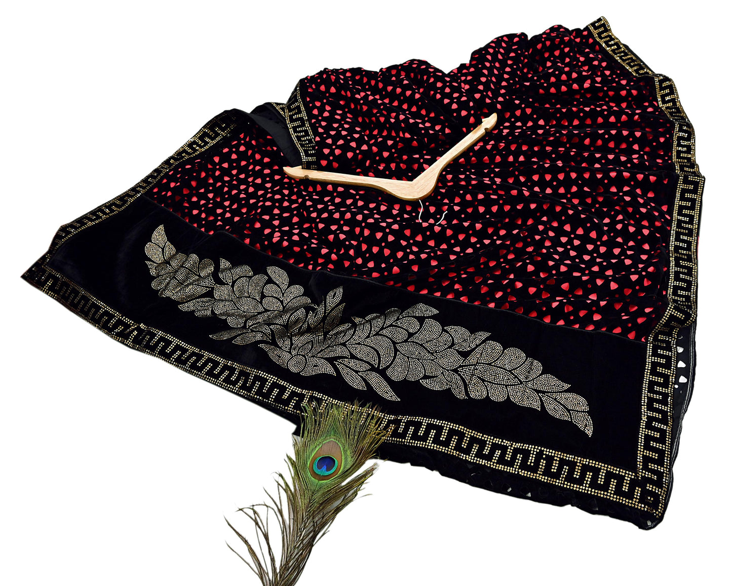 Rare Vintage Black Peach Velvet & Satin Silk Saree Embroidered Fabric 6 Yard Sari Bollywood Party Wear Saree