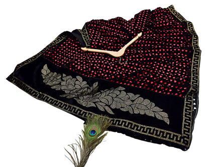 Rare Vintage Black Peach Velvet & Satin Silk Saree Embroidered Fabric 6 Yard Sari Bollywood Party Wear Saree