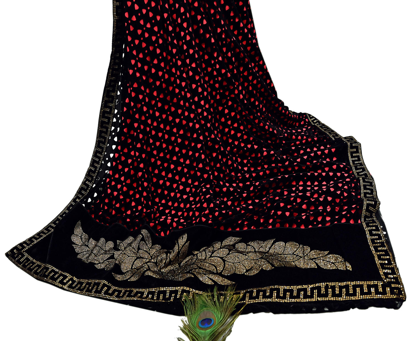Rare Vintage Black Peach Velvet & Satin Silk Saree Embroidered Fabric 6 Yard Sari Bollywood Party Wear Saree