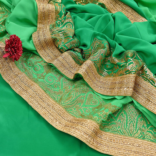 Rare Vintage Green Pure Crepe Silk Saree Embroidered Fabric 6 Yard Sari Bollywood Party Wear Saree with blouse fabric