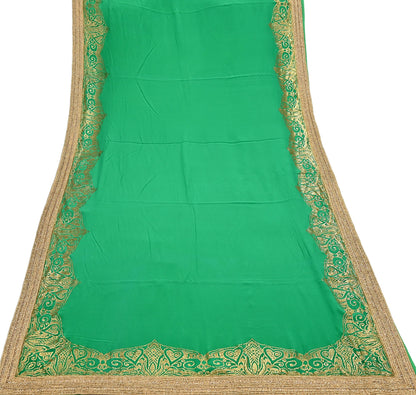 Rare Vintage Green Pure Crepe Silk Saree Embroidered Fabric 6 Yard Sari Bollywood Party Wear Saree with blouse fabric