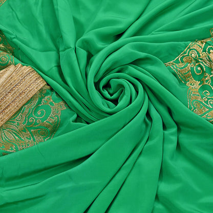 Rare Vintage Green Pure Crepe Silk Saree Embroidered Fabric 6 Yard Sari Bollywood Party Wear Saree with blouse fabric