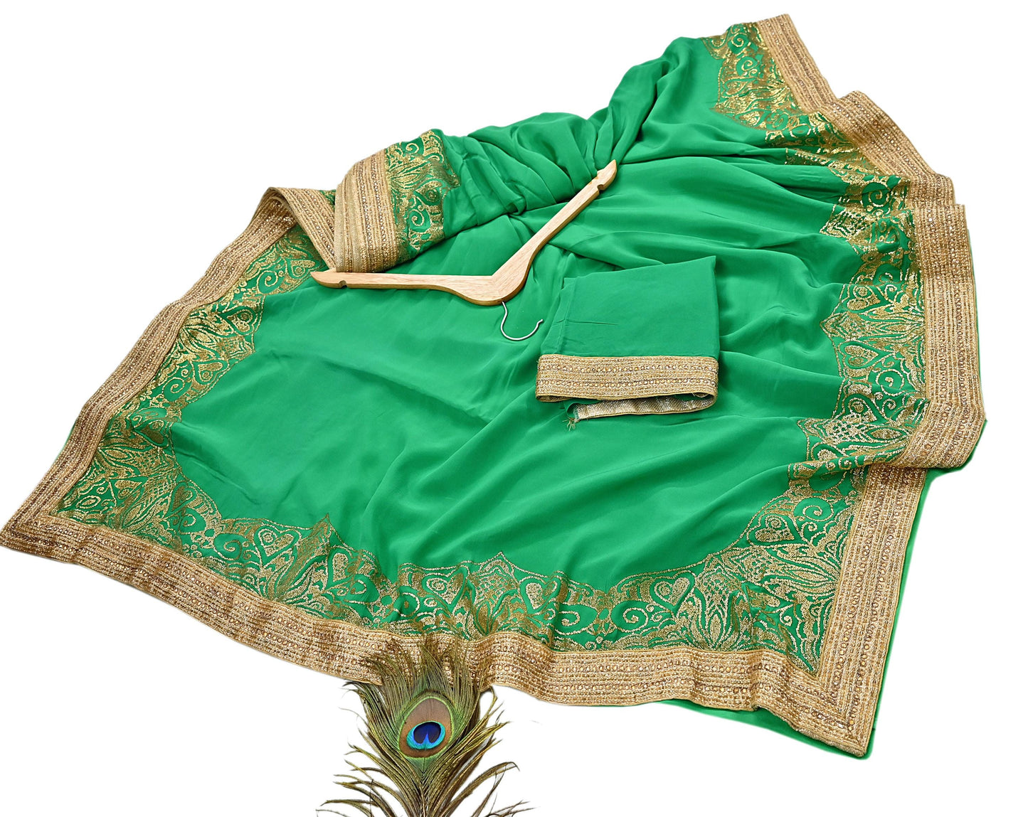 Rare Vintage Green Pure Crepe Silk Saree Embroidered Fabric 6 Yard Sari Bollywood Party Wear Saree with blouse fabric