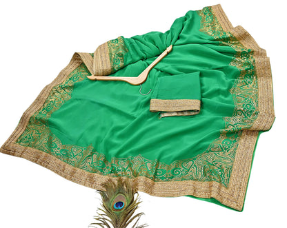 Rare Vintage Green Pure Crepe Silk Saree Embroidered Fabric 6 Yard Sari Bollywood Party Wear Saree with blouse fabric