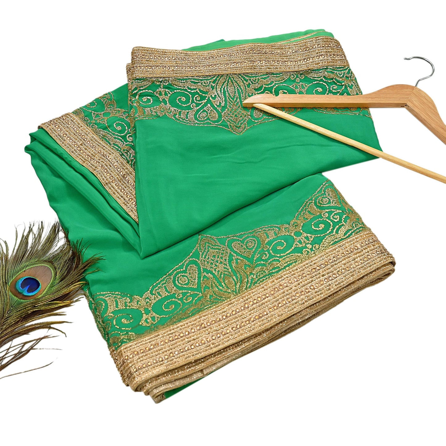 Rare Vintage Green Pure Crepe Silk Saree Embroidered Fabric 6 Yard Sari Bollywood Party Wear Saree with blouse fabric
