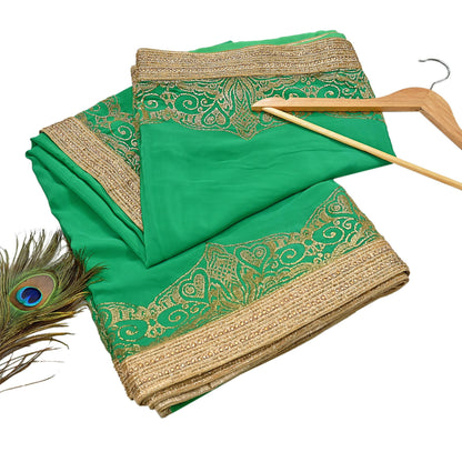 Rare Vintage Green Pure Crepe Silk Saree Embroidered Fabric 6 Yard Sari Bollywood Party Wear Saree with blouse fabric