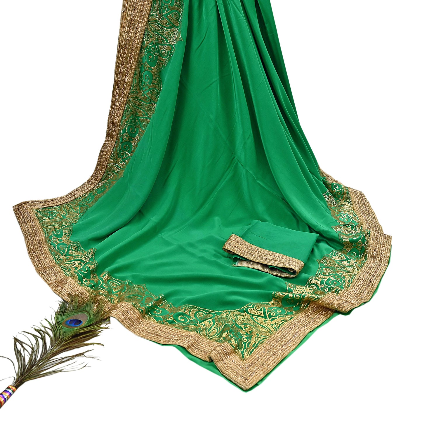Rare Vintage Green Pure Crepe Silk Saree Embroidered Fabric 6 Yard Sari Bollywood Party Wear Saree with blouse fabric