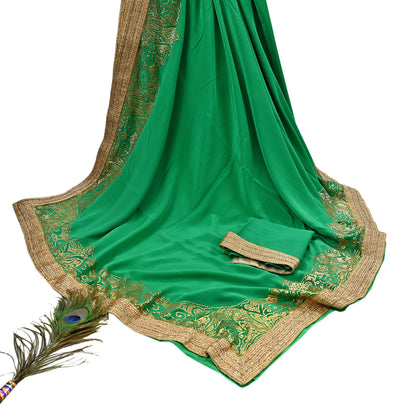 Rare Vintage Green Pure Crepe Silk Saree Embroidered Fabric 6 Yard Sari Bollywood Party Wear Saree with blouse fabric
