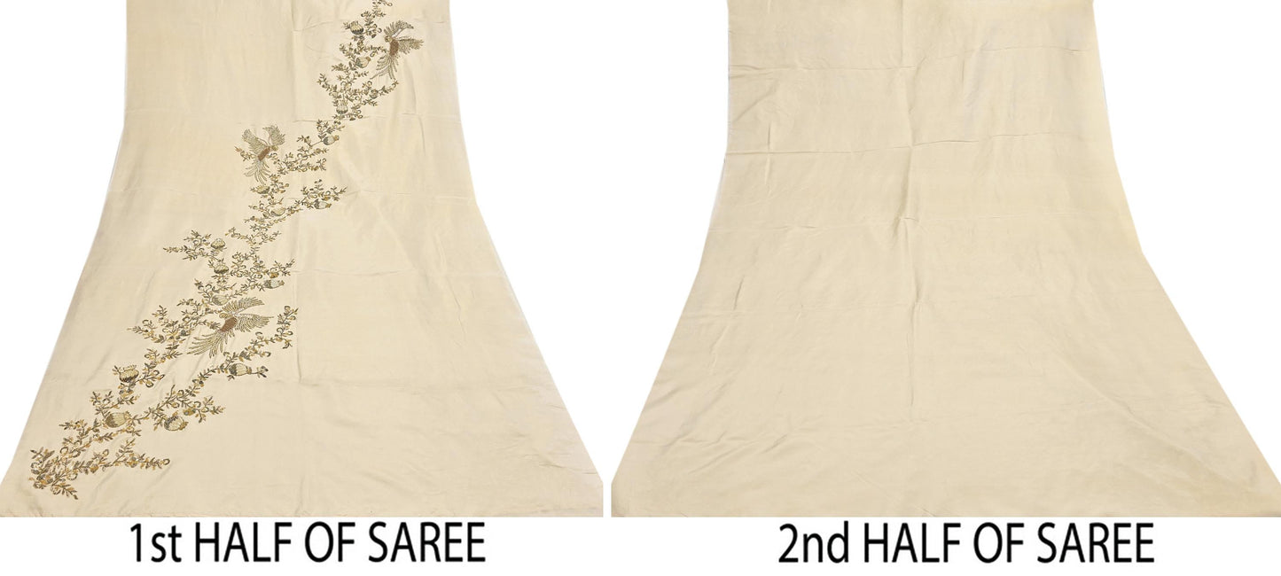 Rare Vintage Golden Ivory Pure Silk Saree Zardozi Hand Embroidered Designer Sabyasachi Sari 5.5 Yard Bollywood Party Wear