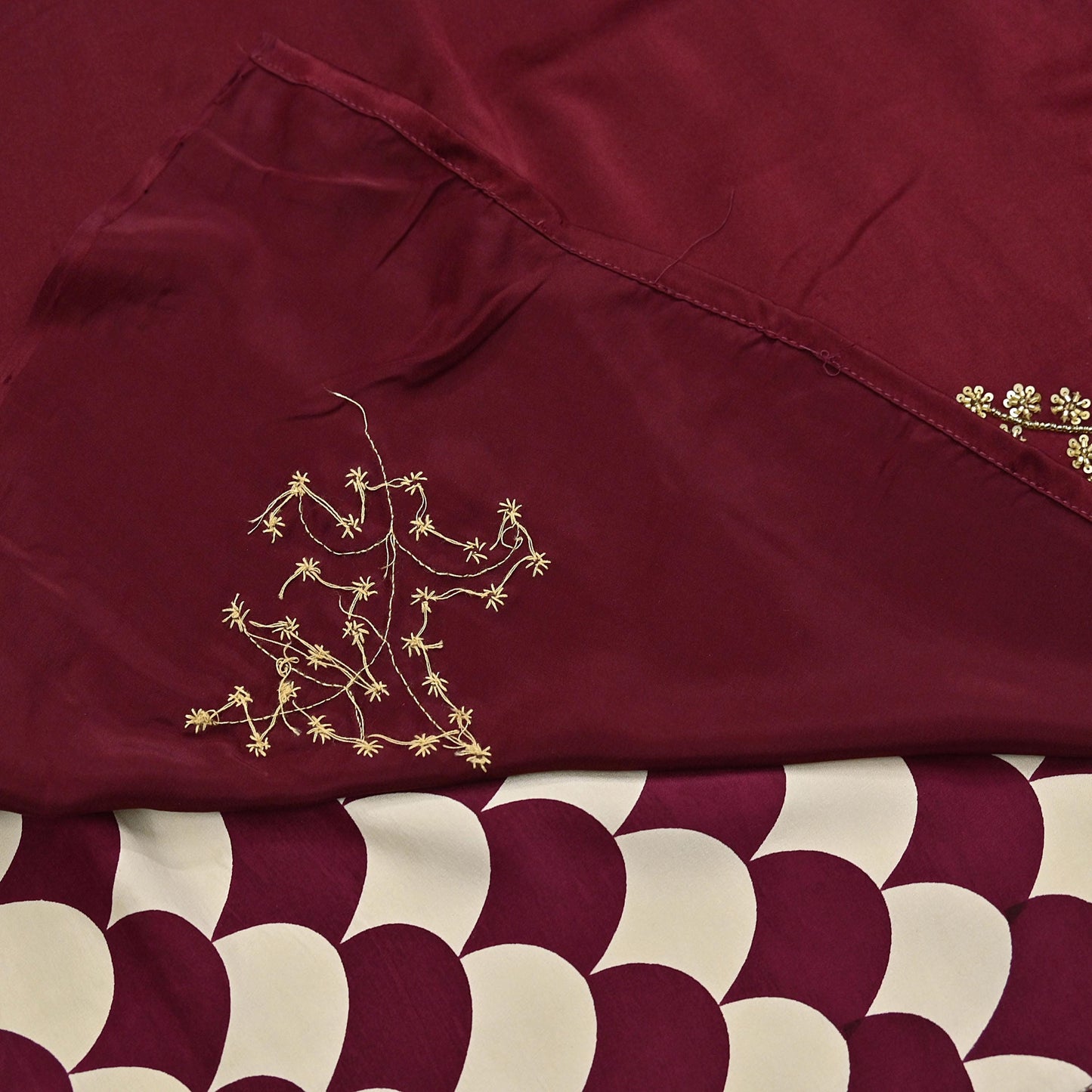 Rare Vintage Maroon & Ivory Pure Satin Silk Saree Hand Embroidered Fabric 5.5 Yards Sari Bollywood Party Wear Ethnic with Blouse fabric