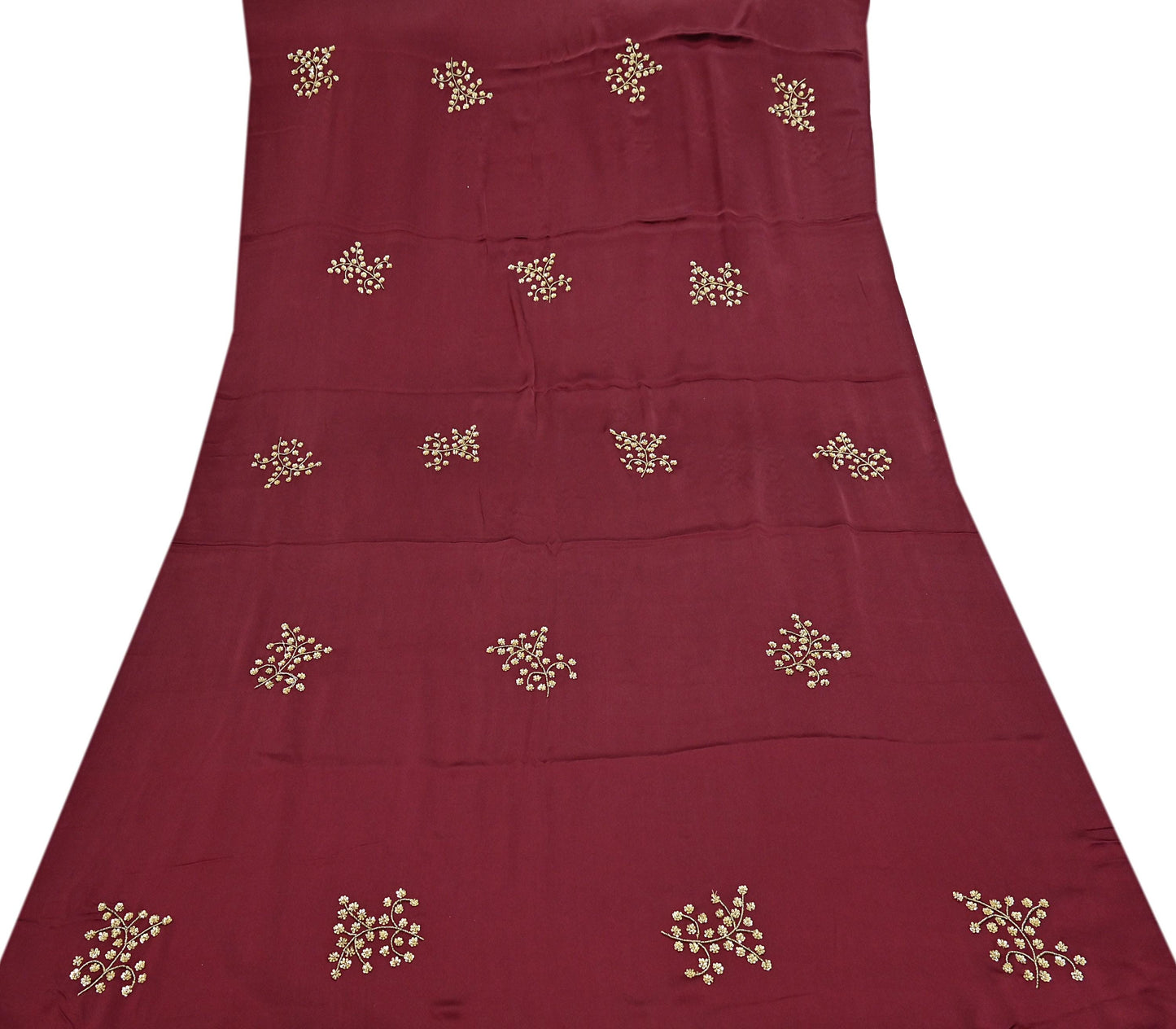 Rare Vintage Maroon & Ivory Pure Satin Silk Saree Hand Embroidered Fabric 5.5 Yards Sari Bollywood Party Wear Ethnic with Blouse fabric