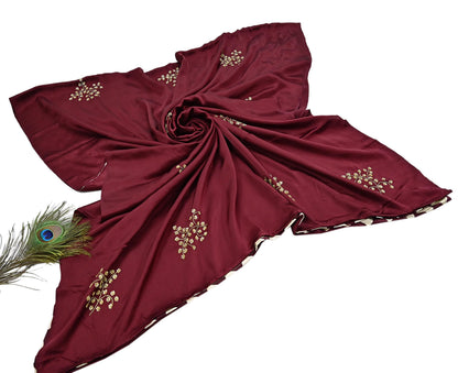Rare Vintage Maroon & Ivory Pure Satin Silk Saree Hand Embroidered Fabric 5.5 Yards Sari Bollywood Party Wear Ethnic with Blouse fabric
