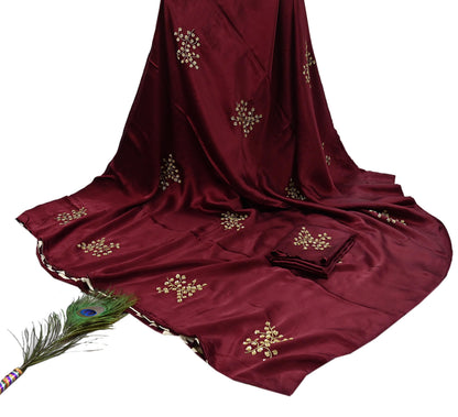 Rare Vintage Maroon & Ivory Pure Satin Silk Saree Hand Embroidered Fabric 5.5 Yards Sari Bollywood Party Wear Ethnic with Blouse fabric
