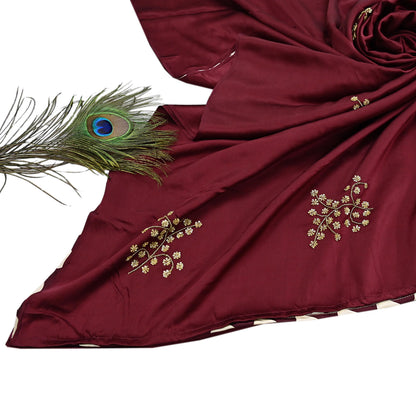 Rare Vintage Maroon & Ivory Pure Satin Silk Saree Hand Embroidered Fabric 5.5 Yards Sari Bollywood Party Wear Ethnic with Blouse fabric