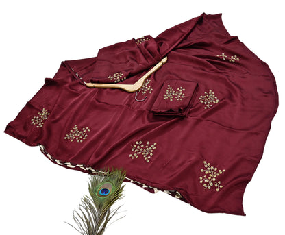 Rare Vintage Maroon & Ivory Pure Satin Silk Saree Hand Embroidered Fabric 5.5 Yards Sari Bollywood Party Wear Ethnic with Blouse fabric