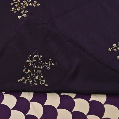 Rare Vintage Purple & Ivory Pure Satin Silk Saree Hand Embroidered Fabric 5.5 Yards Sari Bollywood Party Wear Ethnic with Blouse fabric