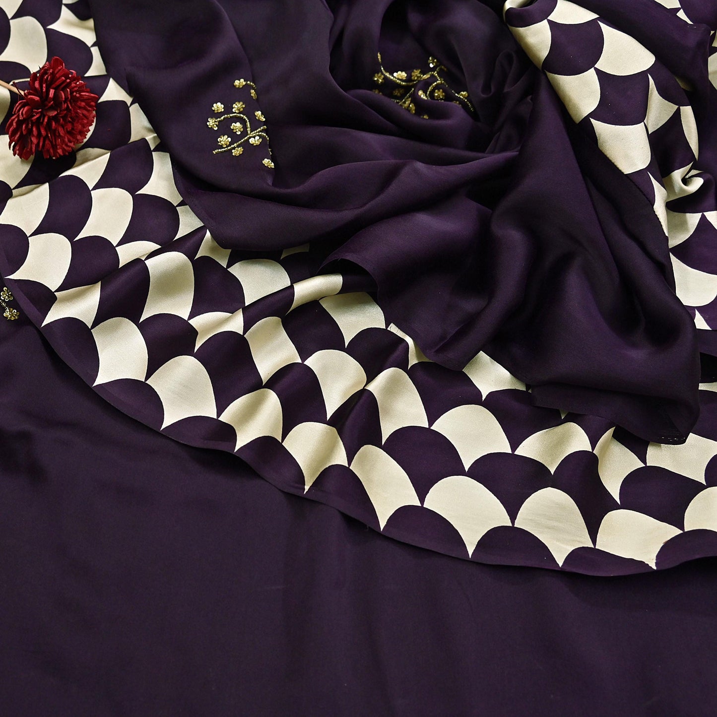 Rare Vintage Purple & Ivory Pure Satin Silk Saree Hand Embroidered Fabric 5.5 Yards Sari Bollywood Party Wear Ethnic with Blouse fabric