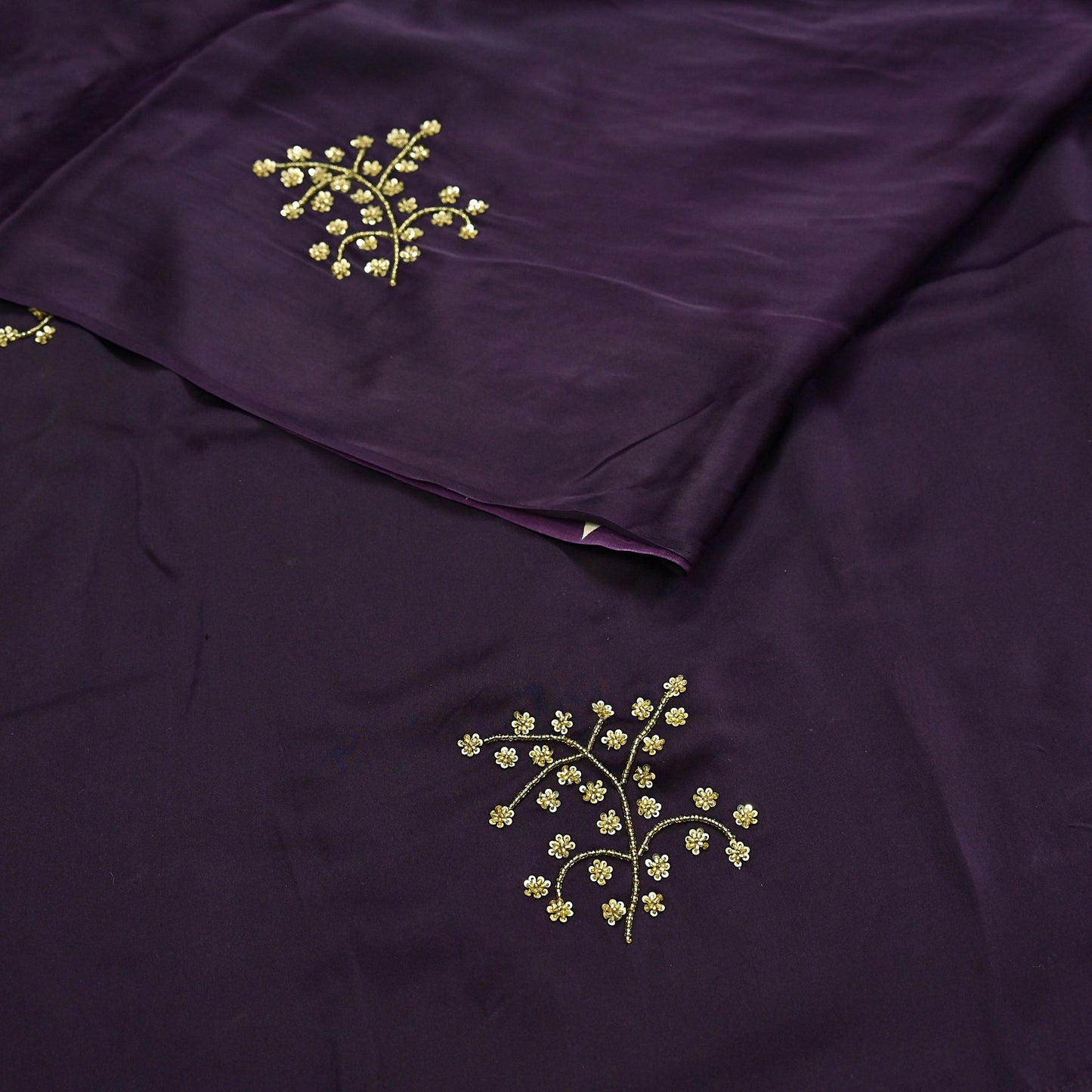 Rare Vintage Purple & Ivory Pure Satin Silk Saree Hand Embroidered Fabric 5.5 Yards Sari Bollywood Party Wear Ethnic with Blouse fabric