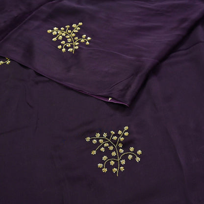 Rare Vintage Purple & Ivory Pure Satin Silk Saree Hand Embroidered Fabric 5.5 Yards Sari Bollywood Party Wear Ethnic with Blouse fabric