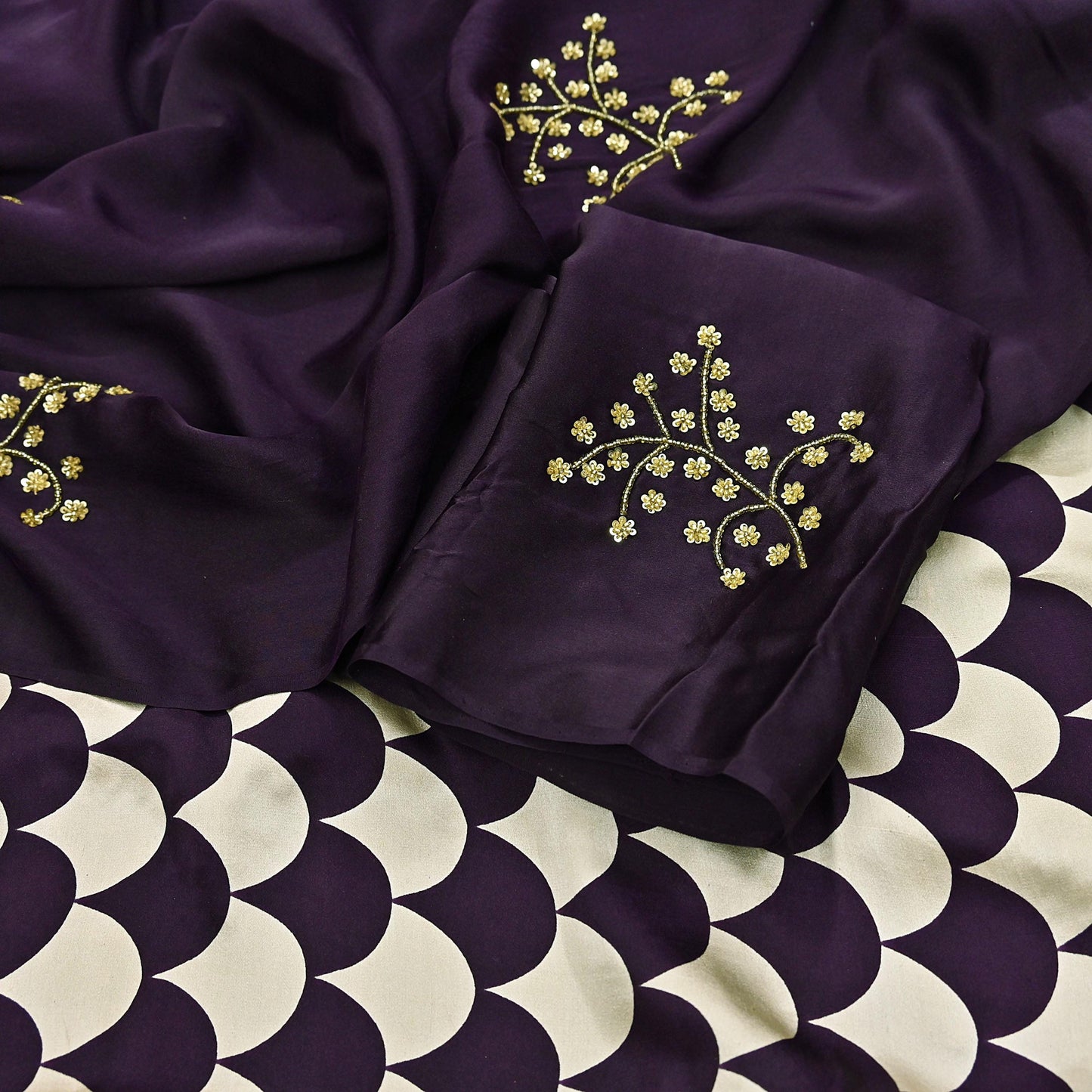 Rare Vintage Purple & Ivory Pure Satin Silk Saree Hand Embroidered Fabric 5.5 Yards Sari Bollywood Party Wear Ethnic with Blouse fabric