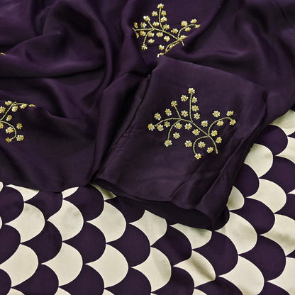 Rare Vintage Purple & Ivory Pure Satin Silk Saree Hand Embroidered Fabric 5.5 Yards Sari Bollywood Party Wear Ethnic with Blouse fabric