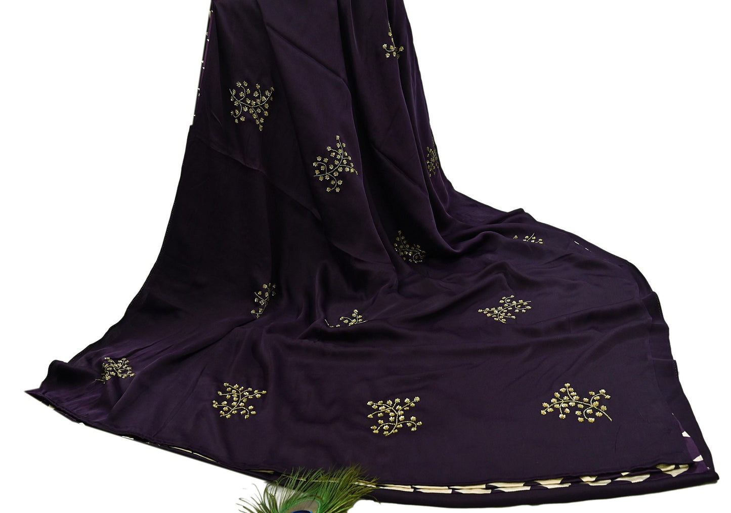Rare Vintage Purple & Ivory Pure Satin Silk Saree Hand Embroidered Fabric 5.5 Yards Sari Bollywood Party Wear Ethnic with Blouse fabric