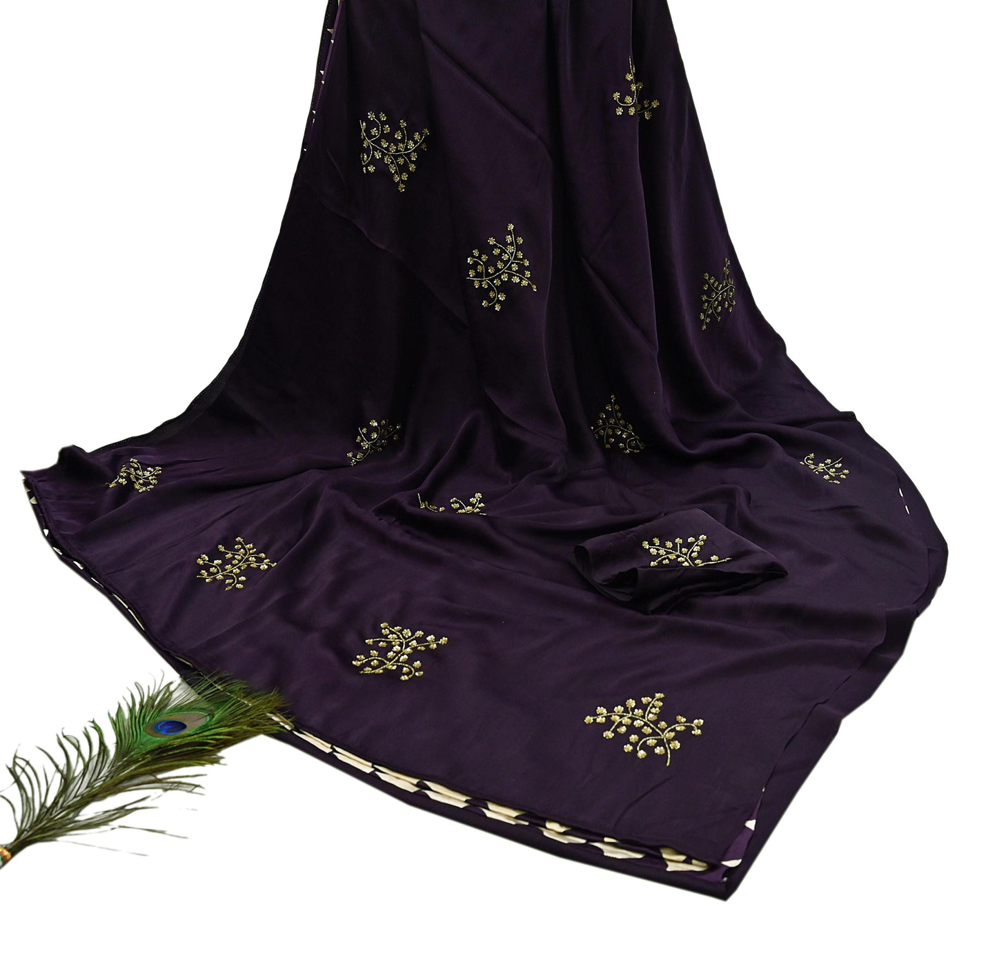 Rare Vintage Purple & Ivory Pure Satin Silk Saree Hand Embroidered Fabric 5.5 Yards Sari Bollywood Party Wear Ethnic with Blouse fabric