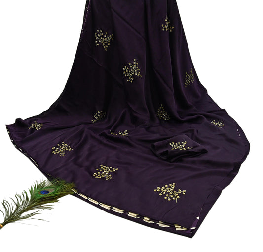 Rare Vintage Purple & Ivory Pure Satin Silk Saree Hand Embroidered Fabric 5.5 Yards Sari Bollywood Party Wear Ethnic with Blouse fabric