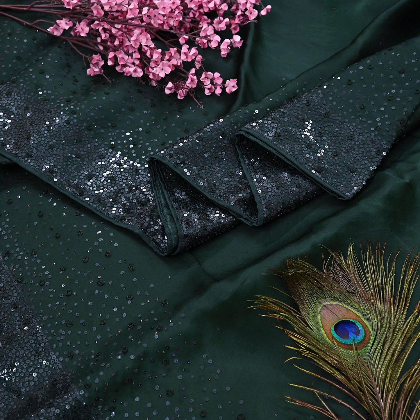 Rare Vintage Bottle Green Pure Organza Silk Saree Zardozi Hand Embroidered Sari 5.5 Yard Bollywood Party Wear