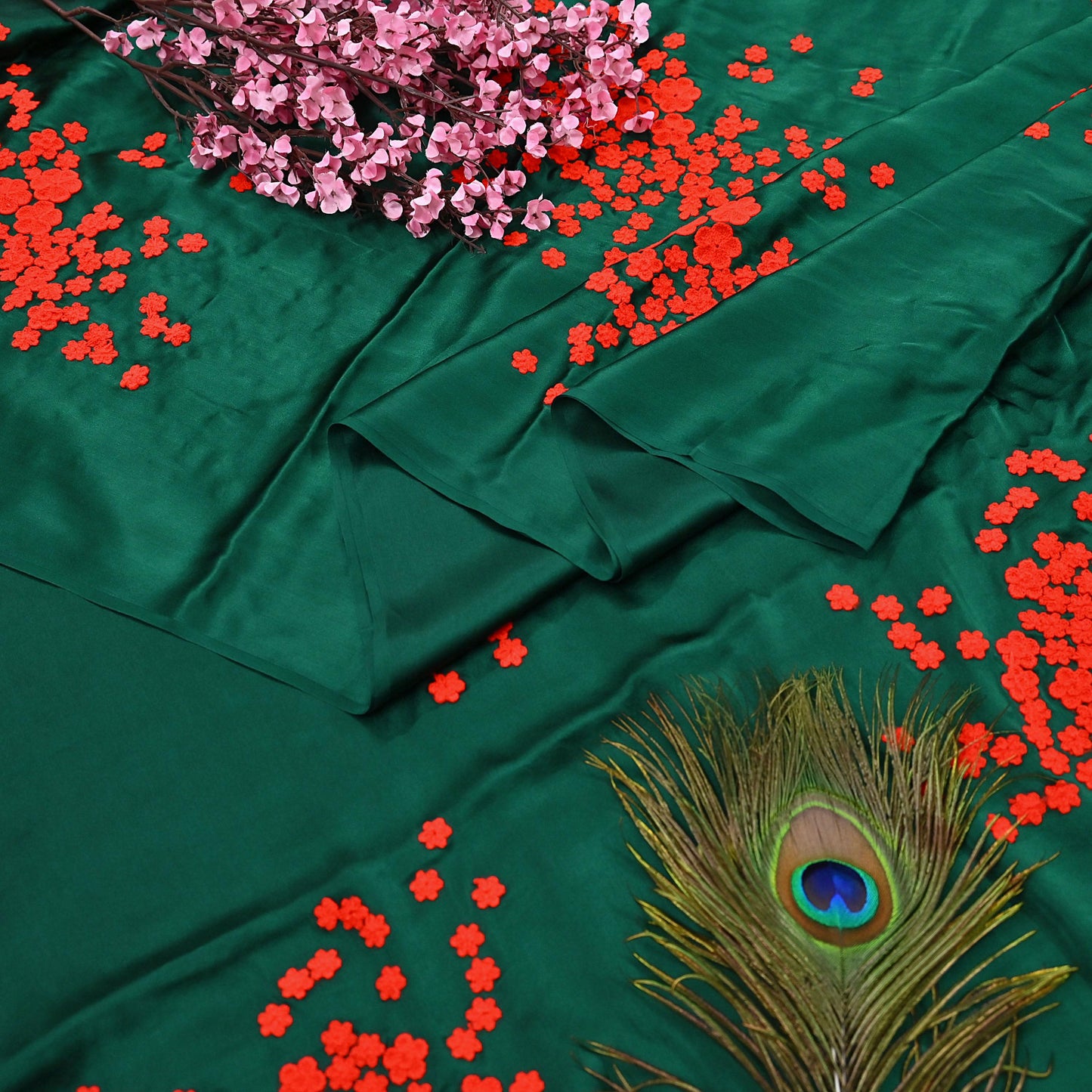 Rare Vintage Green Pure Satin Silk Saree Hand Embroidered Designer Abu Jani Sari 6 Yard Bollywood Party Wear