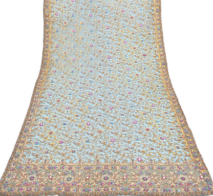 Indian Vintage Heavy Dupatta Blue Net Mesh Long Stole Hand Embroidered Scarves Sequins Glass Bead Wedding veil Wrap Boho