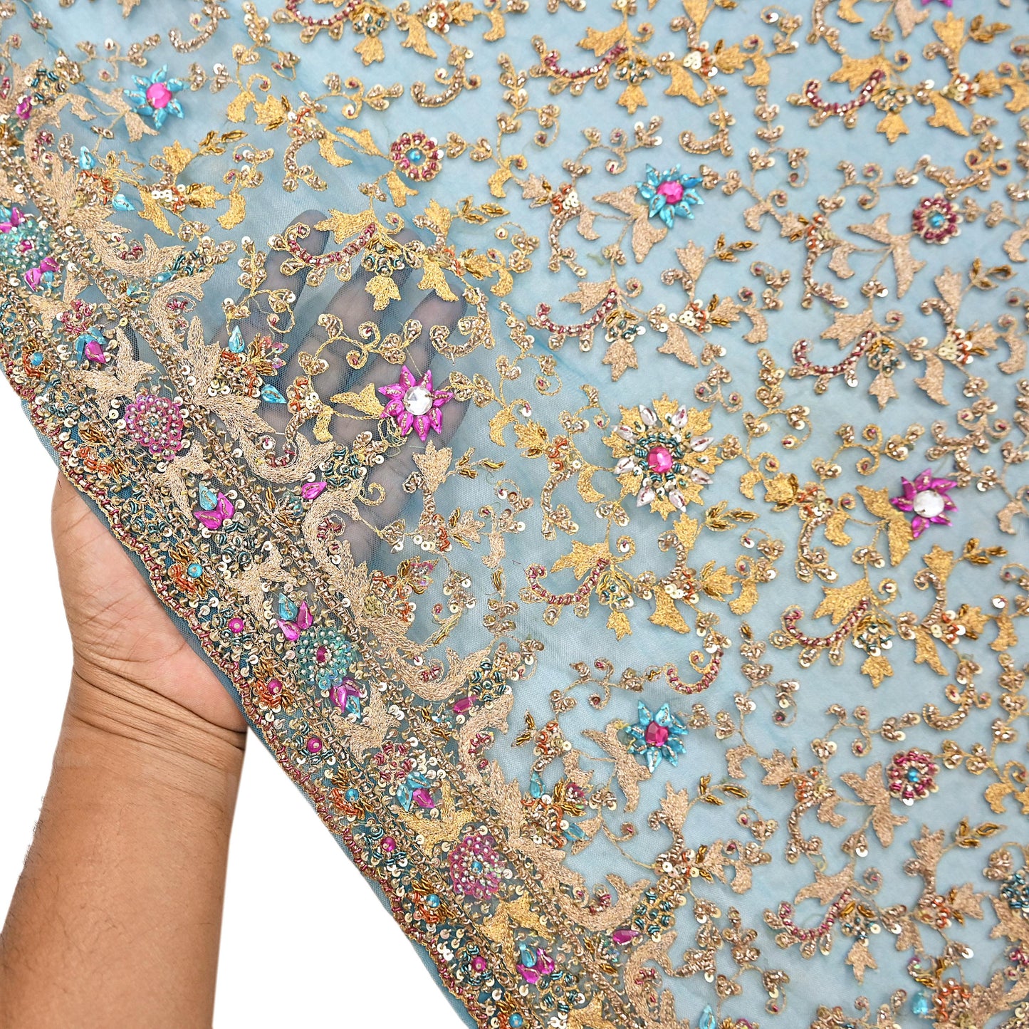 Indian Vintage Heavy Dupatta Blue Net Mesh Long Stole Hand Embroidered Scarves Sequins Glass Bead Wedding veil Wrap Boho