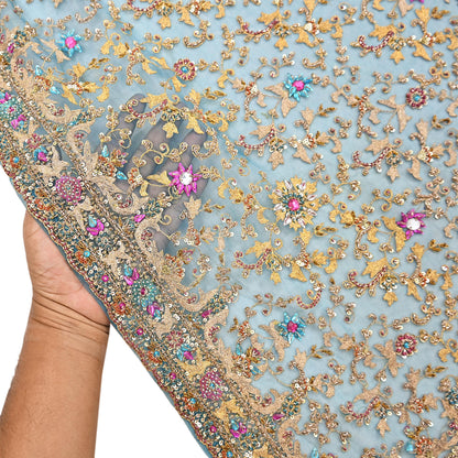 Indian Vintage Heavy Dupatta Blue Net Mesh Long Stole Hand Embroidered Scarves Sequins Glass Bead Wedding veil Wrap Boho