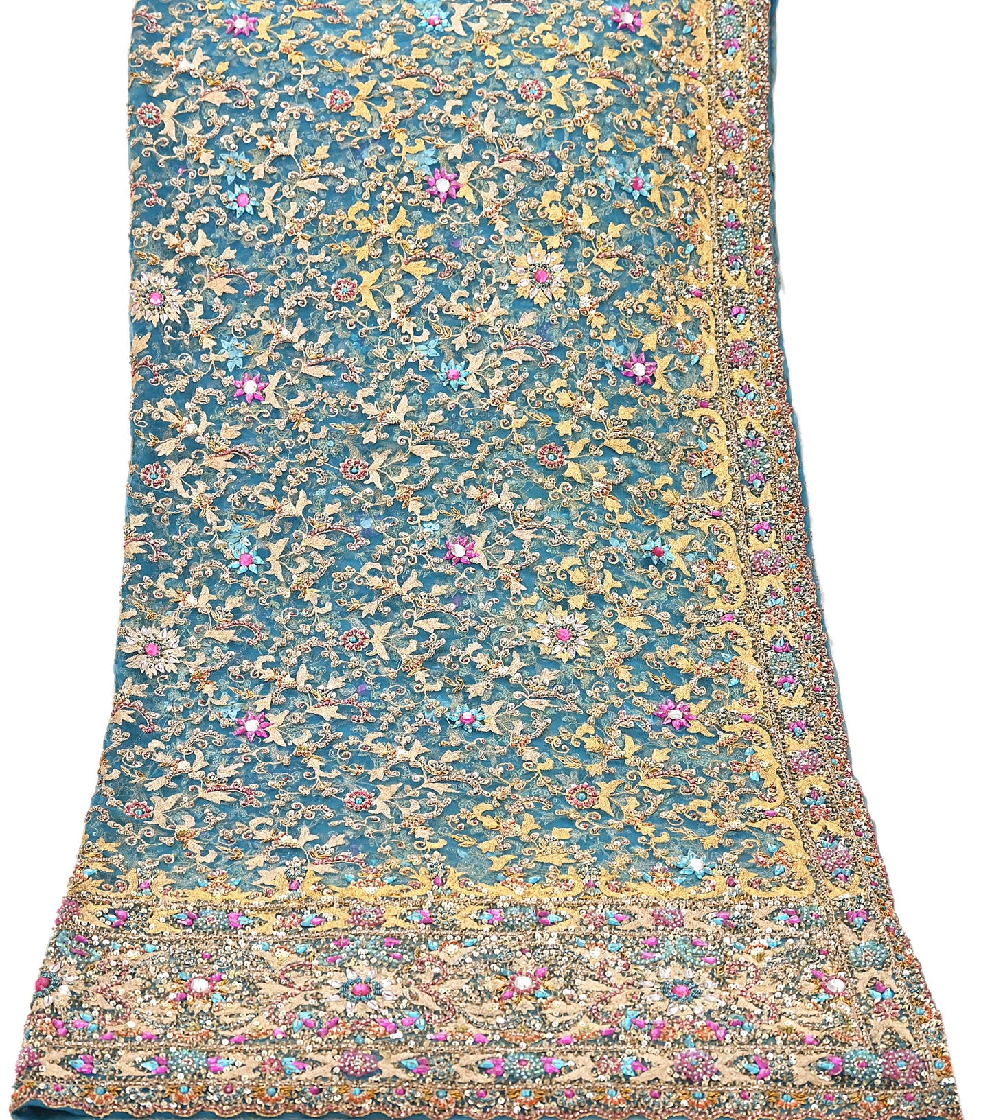 Indian Vintage Heavy Dupatta Blue Net Mesh Long Stole Hand Embroidered Scarves Sequins Glass Bead Wedding veil Wrap Boho