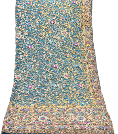 Indian Vintage Heavy Dupatta Blue Net Mesh Long Stole Hand Embroidered Scarves Sequins Glass Bead Wedding veil Wrap Boho