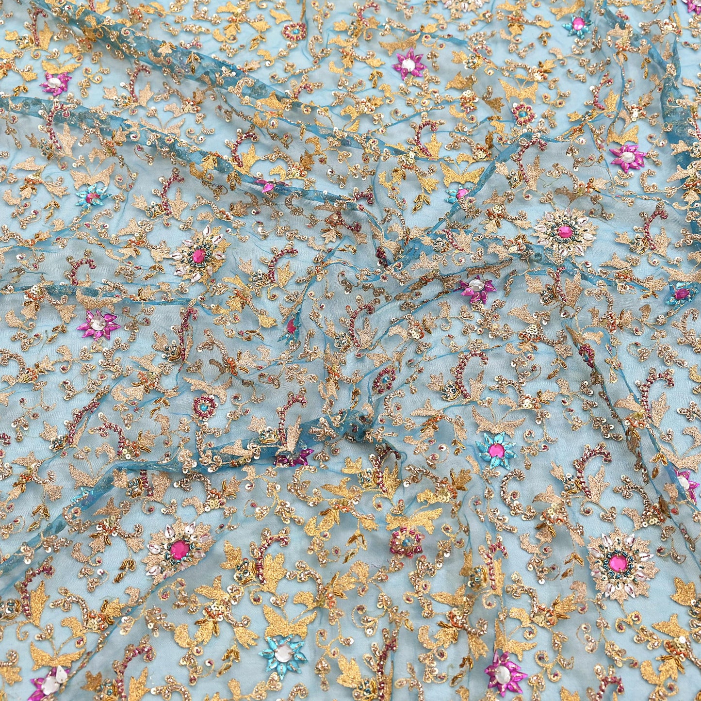 Indian Vintage Heavy Dupatta Blue Net Mesh Long Stole Hand Embroidered Scarves Sequins Glass Bead Wedding veil Wrap Boho