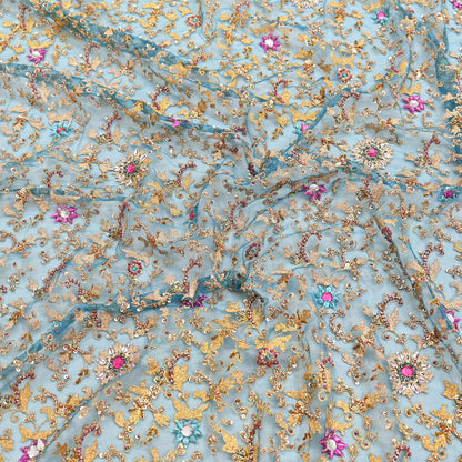 Indian Vintage Heavy Dupatta Blue Net Mesh Long Stole Hand Embroidered Scarves Sequins Glass Bead Wedding veil Wrap Boho
