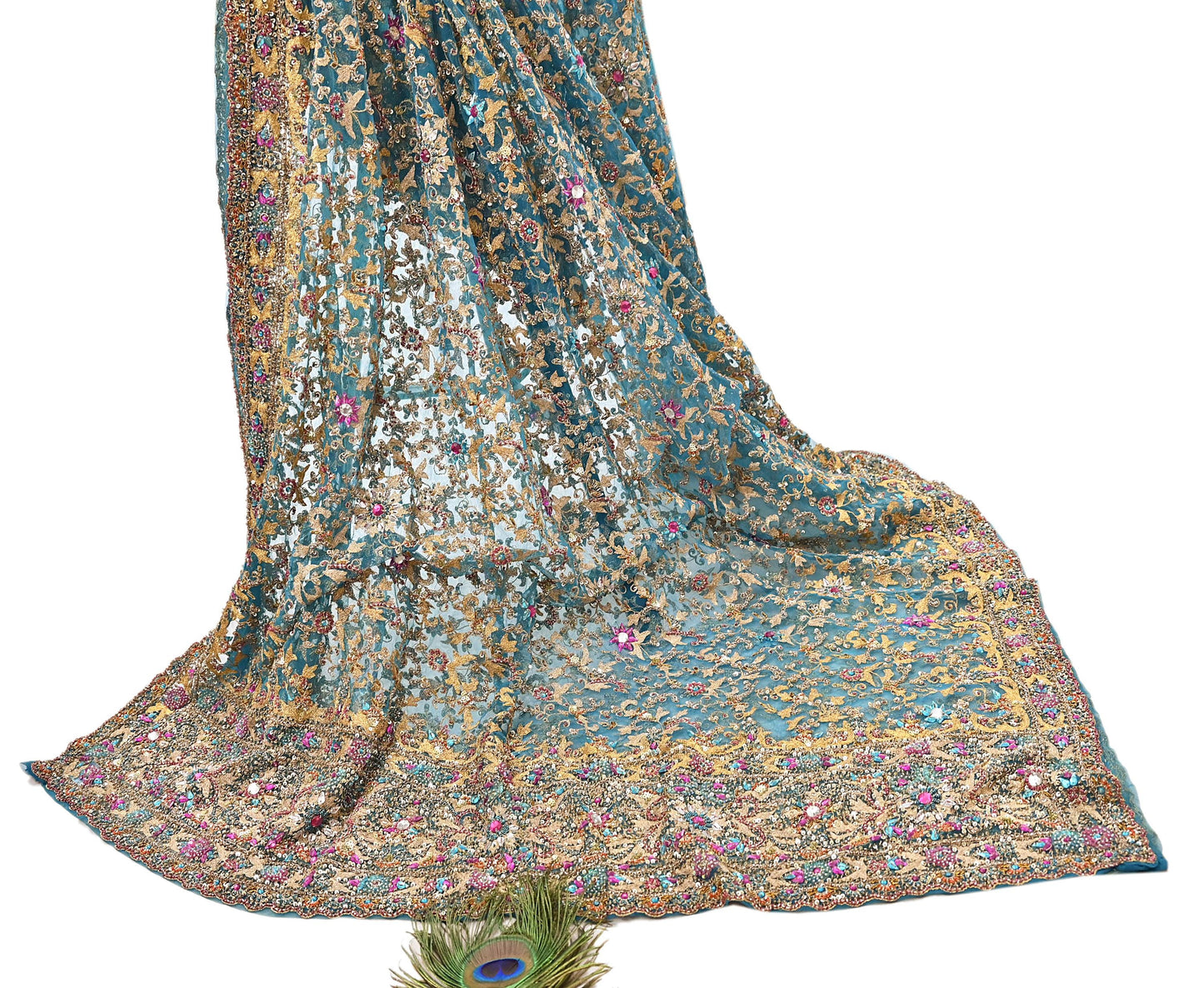 Indian Vintage Heavy Dupatta Blue Net Mesh Long Stole Hand Embroidered Scarves Sequins Glass Bead Wedding veil Wrap Boho