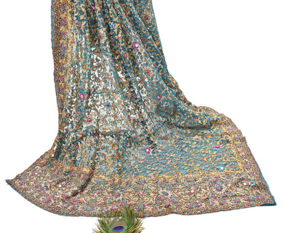 Indian Vintage Heavy Dupatta Blue Net Mesh Long Stole Hand Embroidered Scarves Sequins Glass Bead Wedding veil Wrap Boho