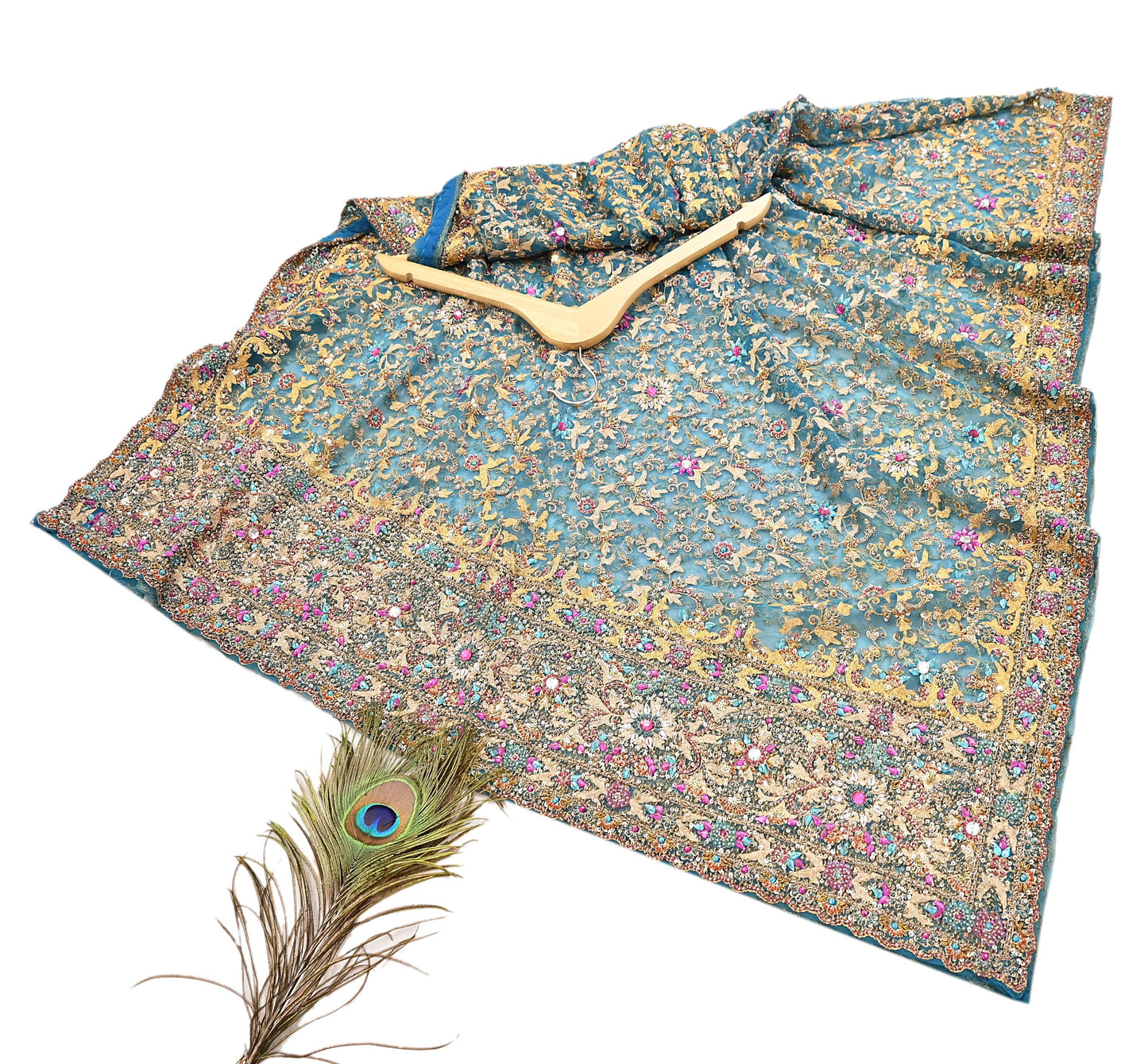 Indian Vintage Heavy Dupatta Blue Net Mesh Long Stole Hand Embroidered Scarves Sequins Glass Bead Wedding veil Wrap Boho