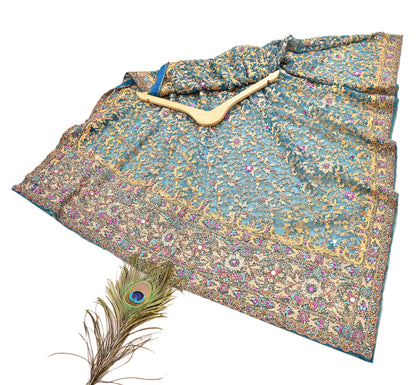 Indian Vintage Heavy Dupatta Blue Net Mesh Long Stole Hand Embroidered Scarves Sequins Glass Bead Wedding veil Wrap Boho