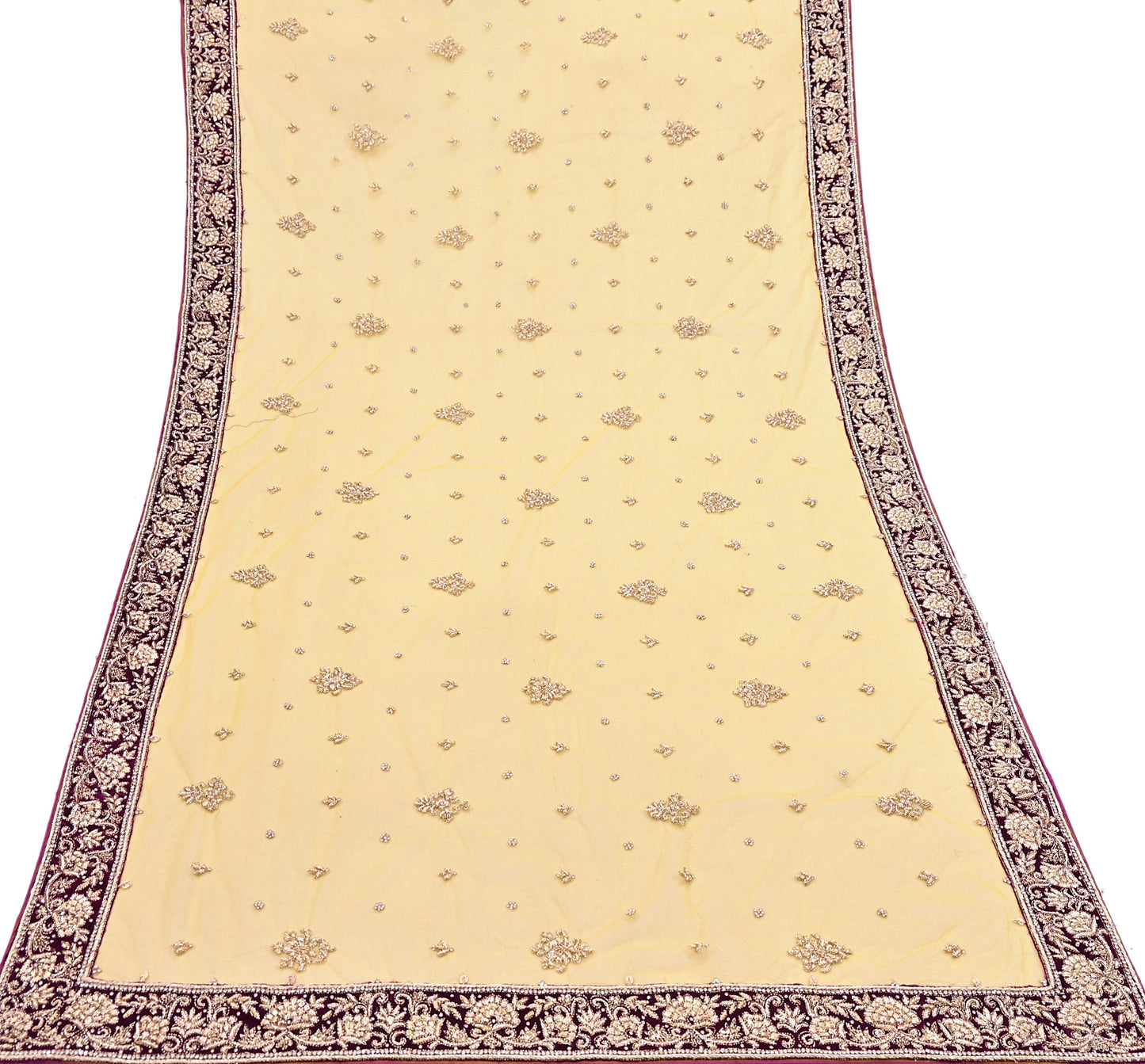 Indian Vintage Heavy Yellow Dupatta Net Mesh Long Stole Hand Embroidered Scarves Glass Beaded Golden Sequins Wedding/ Bridal Veil Hijab