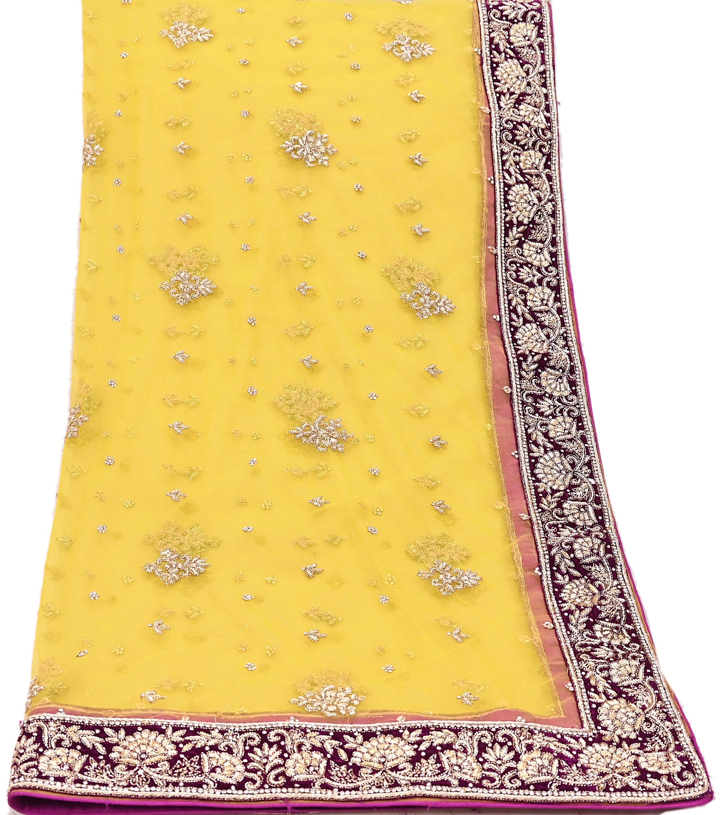 Indian Vintage Heavy Yellow Dupatta Net Mesh Long Stole Hand Embroidered Scarves Glass Beaded Golden Sequins Wedding/ Bridal Veil Hijab