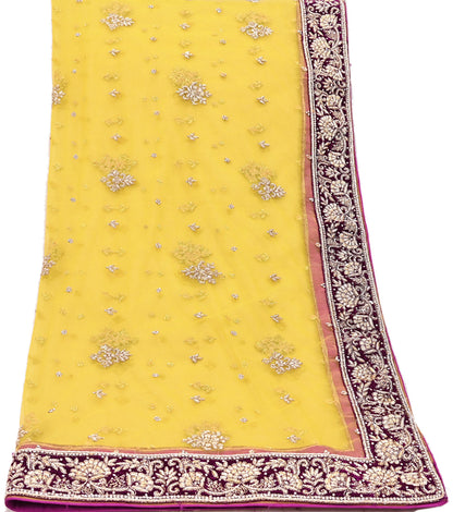 Indian Vintage Heavy Yellow Dupatta Net Mesh Long Stole Hand Embroidered Scarves Glass Beaded Golden Sequins Wedding/ Bridal Veil Hijab